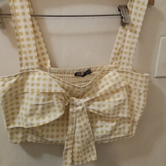 Zara Sz M cropped Bustier Top - yellow white Gingham bow on front smocked back - Picture 2 of 5